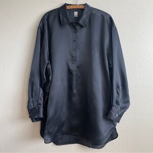 Toteme Silk Organza Half Button Shirt Navy 100% Silk Minimalist Size 36